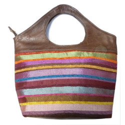 Petit sac à mains artisanal en cuir marron et sabra marocain tissé et cousu