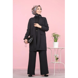 Elegant long jacket and trousers for women (Tenue Hijab - Modest Fashion) - Black color
