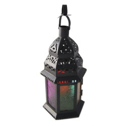 Lanterne décorative noire/blanc en fer forgé avec des lucarnes en verre multicolore