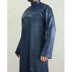 Qamis homme moderne haut de gamme de couleur bleu nuit (tissu satiné)