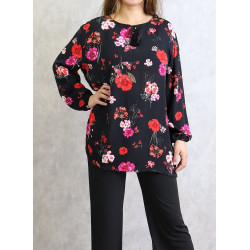 Tunique noire à fleurs roses et rouges (Grandes tailles disponibles pour femmes)