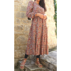 Robe mi-longue à volant motif fleurie et dorée pour femme - Couleur rouille et noir
