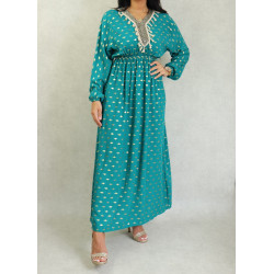 Fluid dress with gold embroidery and pompoms for women - Emerald Green Color