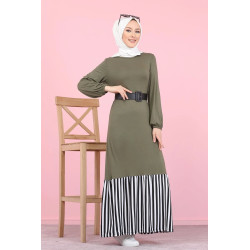 Robe longue bi-matière fluide pour femme (Vetement-Hijab moderne) - Couleur kaki