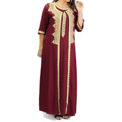 Moroccan Gandoura (two-piece dress and kimono set) with golden embroidery - Bordeaux color