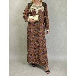 Women's cashmere embroidered oriental long dress - Brown colour