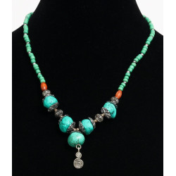 Ethnic handmade necklace imitation green pearls, turquoise stones embellished with a...