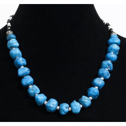 Ethnic artisanal necklace imitation blue stones embellished with metal beads, black and...