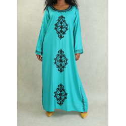 Maxi-long oriental dress with many embroideries with flower pattern for women - Color...