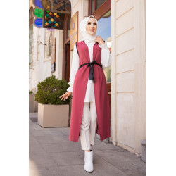 Gilet long sans manches avec ceinture noire (Tunique longue mastoura pour femme voilée)...
