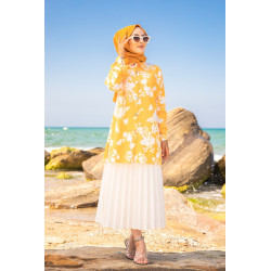 Tunique Chemise imprimée motifs fleurs (Vetement hijab été pour femme) - Couleur jaune
