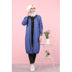 Veste Sweat zippé long et ample avec capuche (Vetement femme voilée) - Couleur Bleu