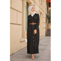 Robe longue casual boutonnée avec sa ceinture (Vetement hijab chic pour femme) -...