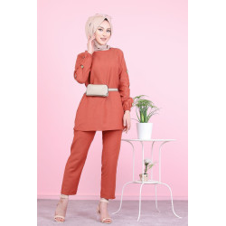 Matching tunic and trousers set with belt (Veiled Woman's Clothing) - Brick Color