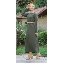 Robe longue decoration boutons de couleur kaki foncé