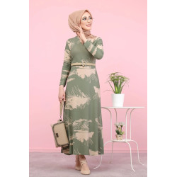 Robe longue originale imprimée floral artistique (Mode Musulmane) - Couleur kaki