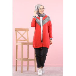 Silver jacket for women - Zipped tunic sportswear style (Muslim mode) - Red color