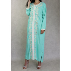 Robe orientale brodée manches longues pour femme - Couleur Vert pastel