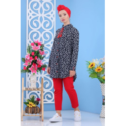 Tunic with water lily patterns in navy blue