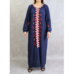 Loose-fit dress with long embroidered sleeves - Color Navy blue