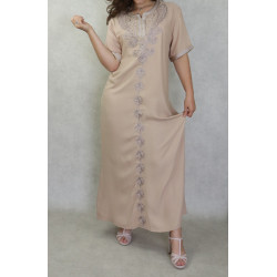 Robe d'intérieur brodée manches courtes avec perles - Couleur beige