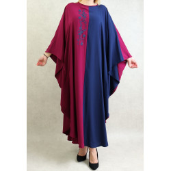 Robe de soirée bi-couleur effet papillon brodée pour femme - Couleur Framboise/Bleu marine