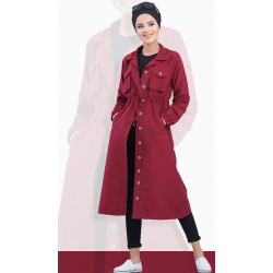 Burgundy mid-length trench coat and buttoned dress