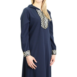 Robe longue type abaya marocaine avec capuche et motifs dorés - Couleur Bleu Marine