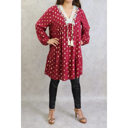 Long and loose tunic (Large size) in black color with golden embroidery and pompoms...