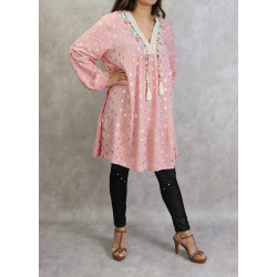 Long and loose tunic (Large size) in black color with golden embroidery and pompoms...