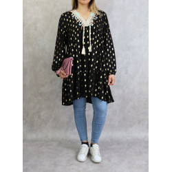 Tunique longue et ample (Grande taille) de couleur noire avec motifs dorés broderies et...