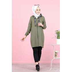 Sportswear-style zip-up hooded tunic (Sport Muslim Fashion Trend 2021) - Khaki color