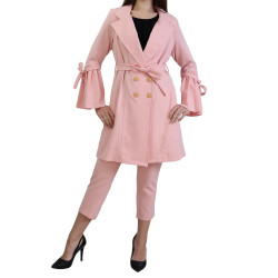 Two-piece set long double breasted blazer with buttons and matching pants for women -...