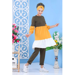 2-piece set tunic + pants in khaki / mustard yellow / white - loose casual outfit for...