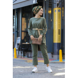 Ensemble casual deux pièces (Tunique et Pantalon avec Ceinture) pour femme - Couleur Kaki