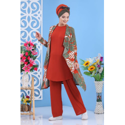 3-piece set: Pants + Top + Cardigan - Color Rust + Green
