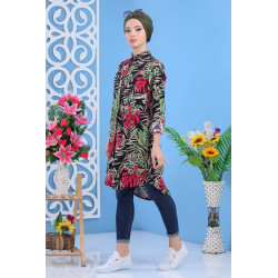 100% cotton long shirt with "tropical" patterns for women on a black background