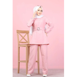 Ensemble femme : tunique et pantalon avec ceinture (Vêtement femme voilée) - Couleur rose