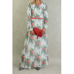 Robe longue en mousseline blanche motifs fleurs saumon avec doublure pour femme