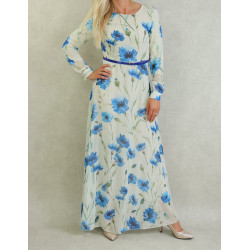 Long flowing off-white chiffon dress with blue floral patterns and matching belt