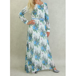 Robe longue fluide en mousseline blanche fleurie en bleu avec doublure pour femme