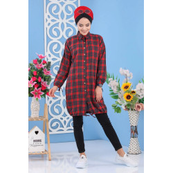 Tunique chemise longue à carreaux pour femme - Couleur noir, vert et rouge
