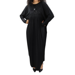 Abaya longue noire avec broderies (écharpe assortie)