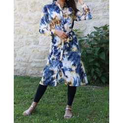 Chemise Tunique longue imprimée avec ceinture assortie - Couleur bleu et jaune