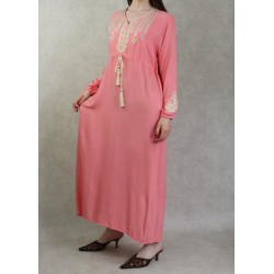 Robe longue élégante avec broderies et pompons pour femme - Couleur Saumon