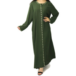Long embroidered dress with zip opening - Khaki color