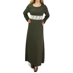 Robe longue avec broderies blanches et dorées - Couleur kaki