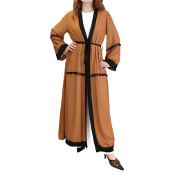 Chiffon kimono with belt and embroidery - Caramel color