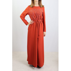 Dress with lace embroidery, belt and pockets - Color Rust