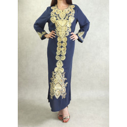 Long oriental dress with many golden embroidery - Color Navy blue